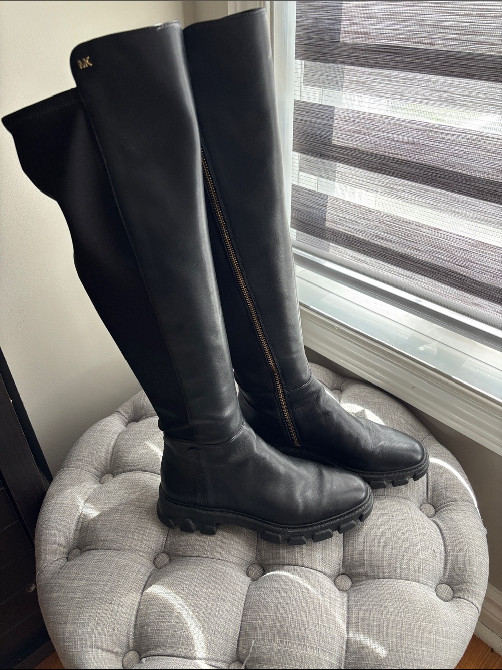 Michael Kors Black Leather Over-The-Knee Lug-Sole Boots